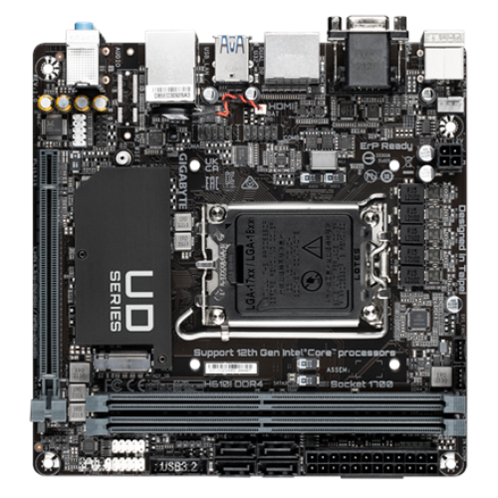 Gigabyte , H610I , Processor family Intel , Processor socket LGA1700 , DDR4 DIMM , Supported hard disk drive interfaces M.2, SATA , Number of SATA connectors 4