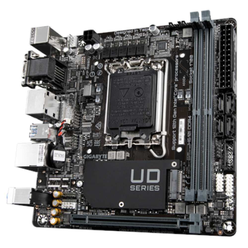 Gigabyte , H610I , Processor family Intel , Processor socket LGA1700 , DDR4 DIMM , Supported hard disk drive interfaces M.2, SATA , Number of SATA connectors 4