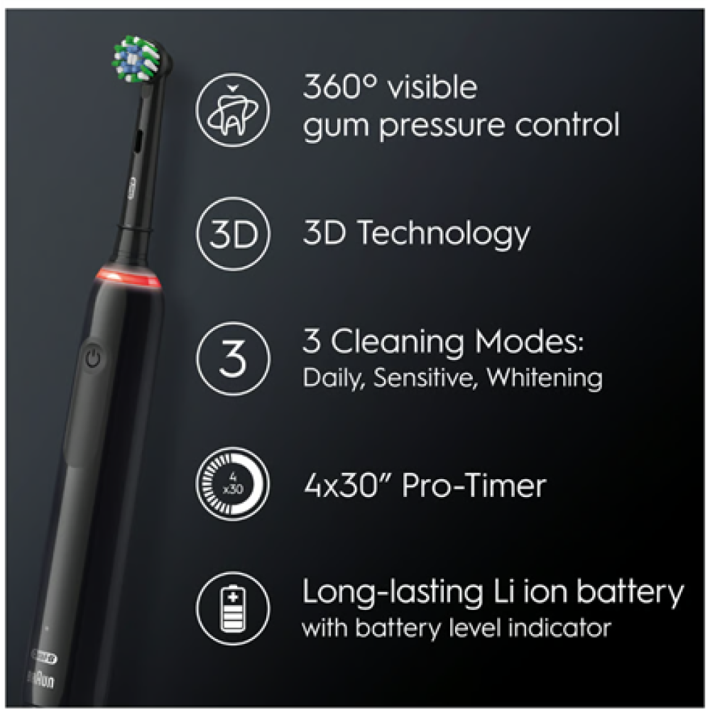 Oral-B , Electric Toothbrush , Pro 3 Sensitive Clean & Care , Rechargeable , For adults , Number of brush heads included 2 , Number of teeth brushing modes 3 , Black
