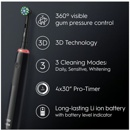 Oral-B , Electric Toothbrush , Pro 3 Sensitive Clean & Care , Rechargeable , For adults , Number of brush heads included 2 , Number of teeth brushing modes 3 , Black