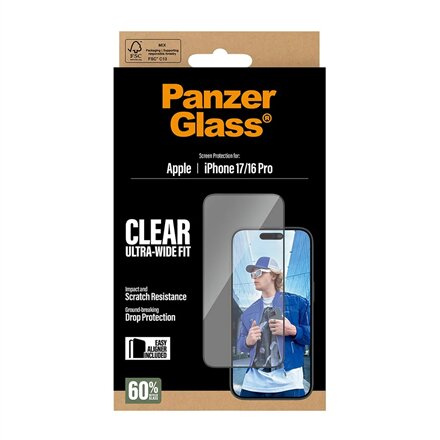 PanzerGlass Screen protector , Apple , iPhone 16 Pro/iPhone 17 , Glass , Transparent , Ultra-Wide Fit w. EasyAligner