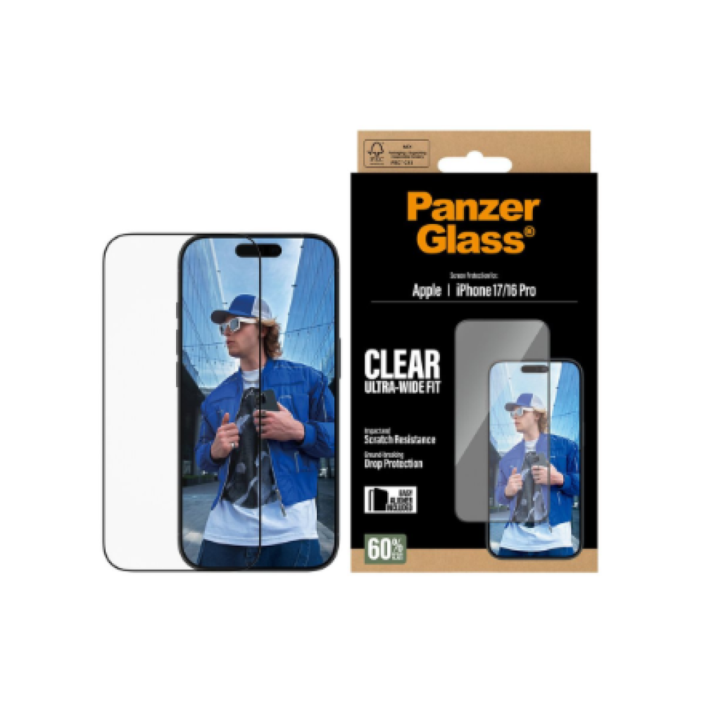 PanzerGlass Screen protector , Apple , iPhone 16 Pro/iPhone 17 , Glass , Transparent , Ultra-Wide Fit w. EasyAligner