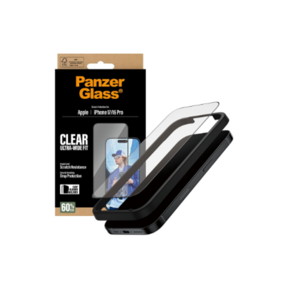 PanzerGlass Screen protector , Apple , iPhone 16 Pro/iPhone 17 , Glass , Transparent , Ultra-Wide Fit w. EasyAligner