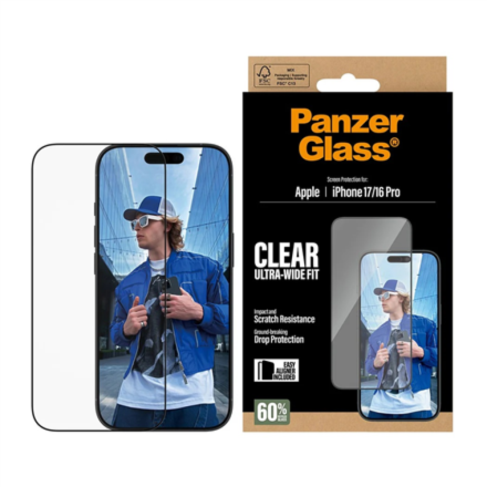 PanzerGlass Screen protector , Apple , iPhone 16 Pro/iPhone 17 , Glass , Transparent , Ultra-Wide Fit w. EasyAligner