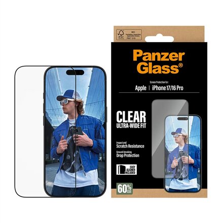 PanzerGlass Screen protector , Apple , iPhone 16 Pro/iPhone 17 , Glass , Transparent , Ultra-Wide Fit w. EasyAligner