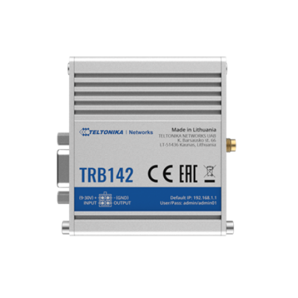 Teltonika TRB142003000 Gateway, 2G/3G/4G LTE (Cat 1), Equipped with RS232 for serial communication , LTE Gateway , TRB142 , No Wi-Fi , Ethernet LAN (RJ-45) ports 0 , Mesh Support No , MU-MiMO No , 2G/3G/4G , Antenna type 1 x SMA for LTE , 1 x Virtual netw