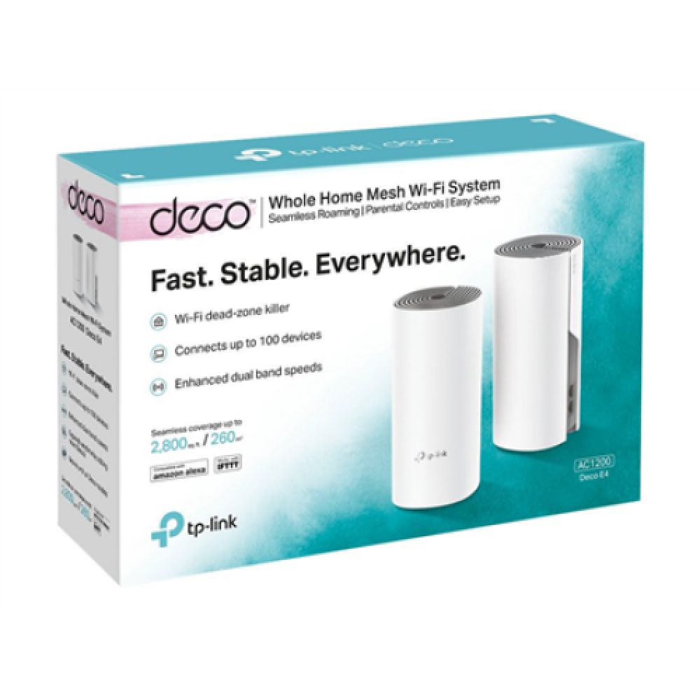 C1200 Whole Home Mesh Wi-Fi System , Deco E4 (2-pack) , 802.11ac , 867+300 Mbit/s , 10/100 Mbit/s , Ethernet LAN (RJ-45) ports 2 , Mesh Support Yes , MU-MiMO Yes , No mobile broadband , Antenna type 2xInternal