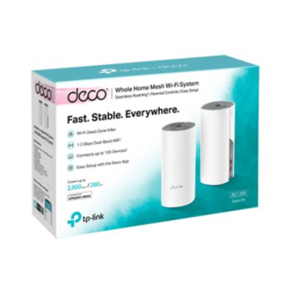 C1200 Whole Home Mesh Wi-Fi System , Deco E4 (2-pack) , 802.11ac , 867+300 Mbit/s , 10/100 Mbit/s , Ethernet LAN (RJ-45) ports 2 , Mesh Support Yes , MU-MiMO Yes , No mobile broadband , Antenna type 2xInternal