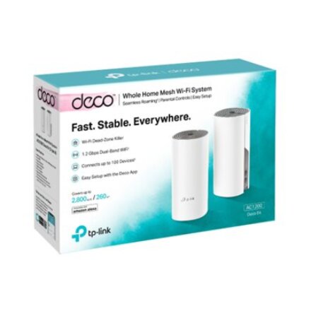 TP-LINK , C1200 Whole Home Mesh Wi-Fi System , Deco E4 (2-pack) , 802.11ac , 867+300 Mbit/s , 10/100 Mbit/s , Mesh Support Yes , MU-MiMO Yes , No mobile broadband , Antenna type 2xInternal