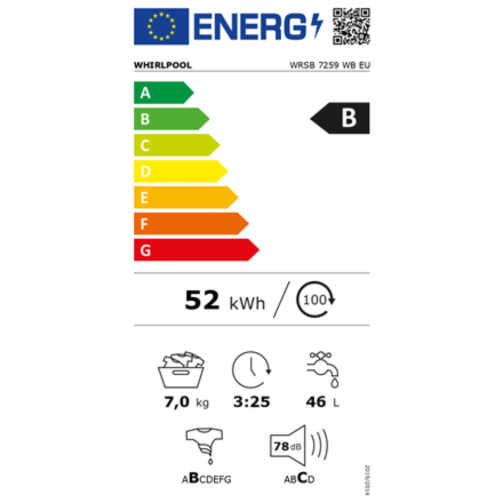 Whirlpool Washing machine , WRSB 7259 WB EU , Energy efficiency class B , Front loading , Washing capacity 7 kg , 1200 RPM , Depth 43.5 cm , Width 59.5 cm , Display , LED , Steam function , White