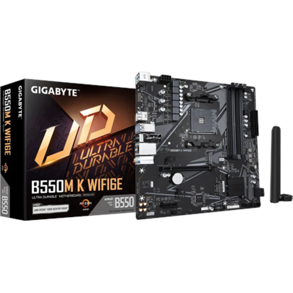 Gigabyte B550M K WIFI6E , Processor family AMD , Processor socket AM4 , DDR4 SDRAM , Supported hard disk drive interfaces SATA, M.2 , Number of SATA connectors 4