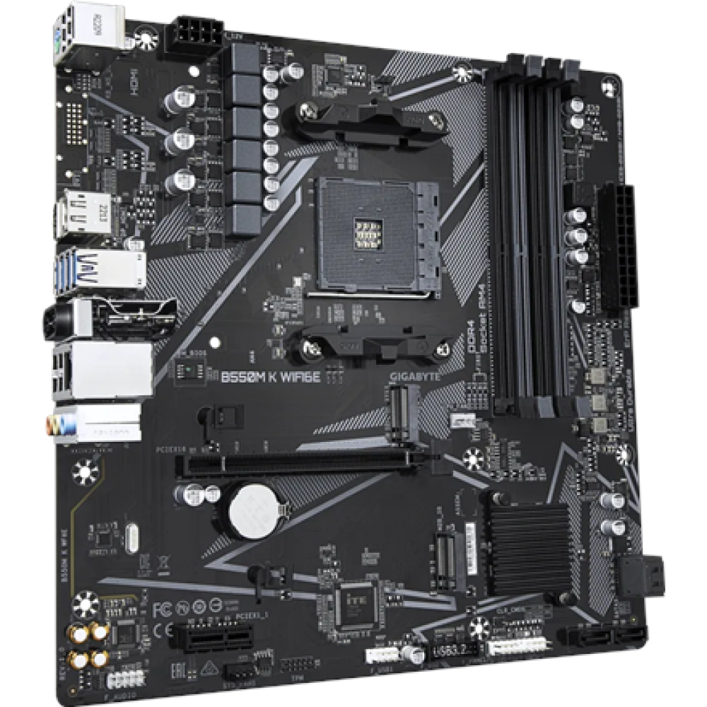 Gigabyte B550M K WIFI6E , Processor family AMD , Processor socket AM4 , DDR4 SDRAM , Supported hard disk drive interfaces SATA, M.2 , Number of SATA connectors 4