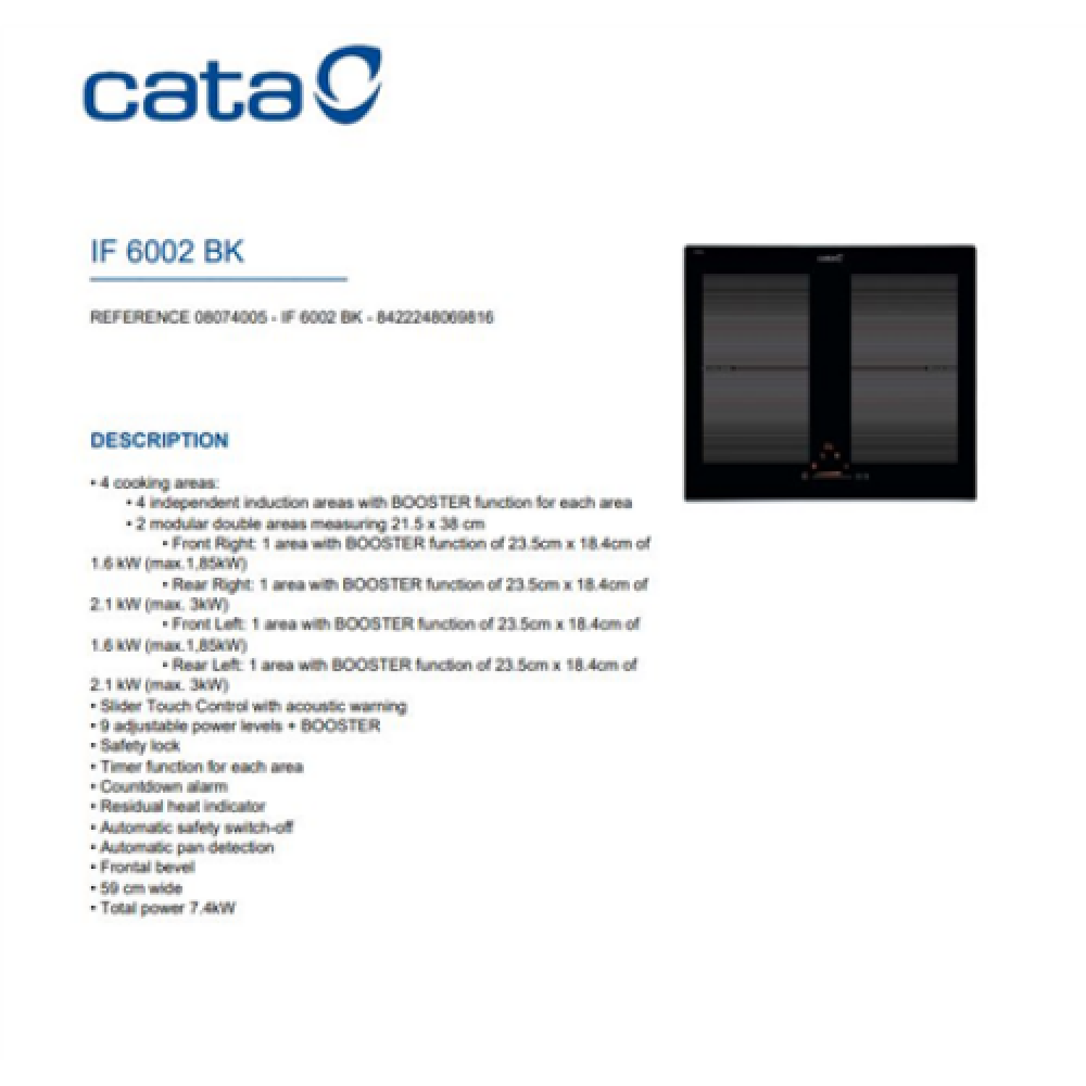 CATA Hob IF 6002 BK Induction, Number of burners/cooking zones 4, Slider, Timer, Black