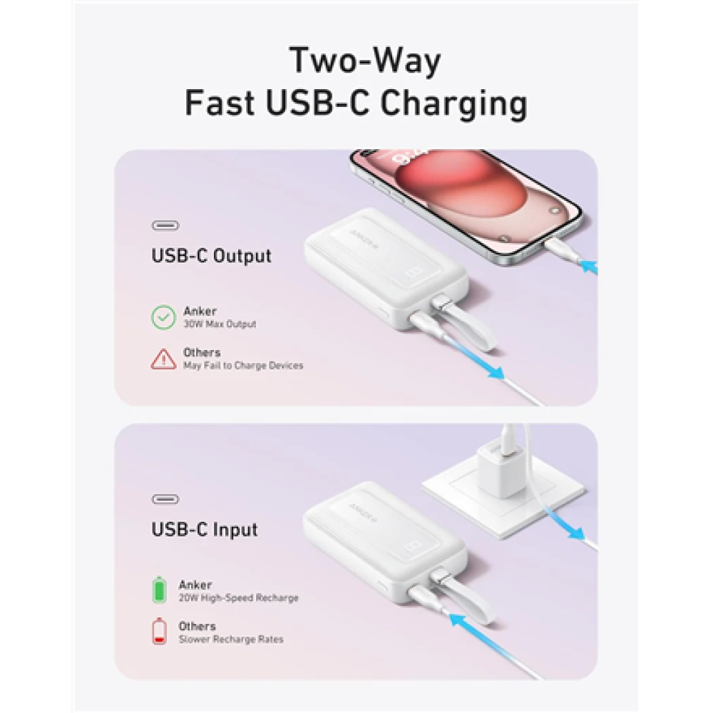 Anker Power Bank, Built-In USB-C Cable, 30W , A1688H21 , 10000 mAh , White