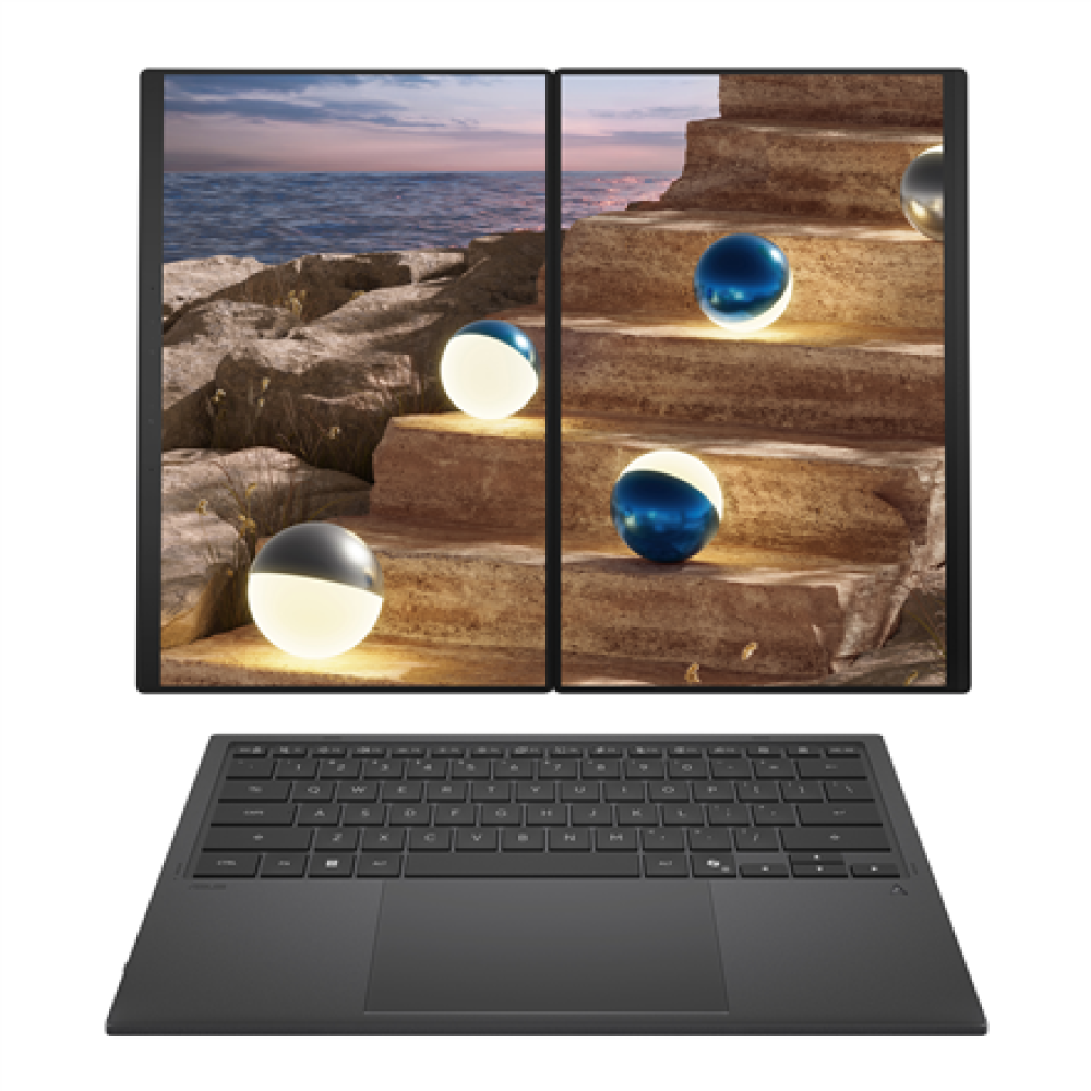 Asus , Zenbook Duo UX8407AA-SN066W , Moher Gray , 14 , OLED , Touchscreen , 2.8K , 2880 x 1800 pixels , 144 Hz , Anti-Reflective , Intel Core Ultra X9 , 378H , 32 GB , LPDDR5X , Solid-state drive capacity 2000 GB , Intel Arc Graphics , Windows 11 Pro , 80