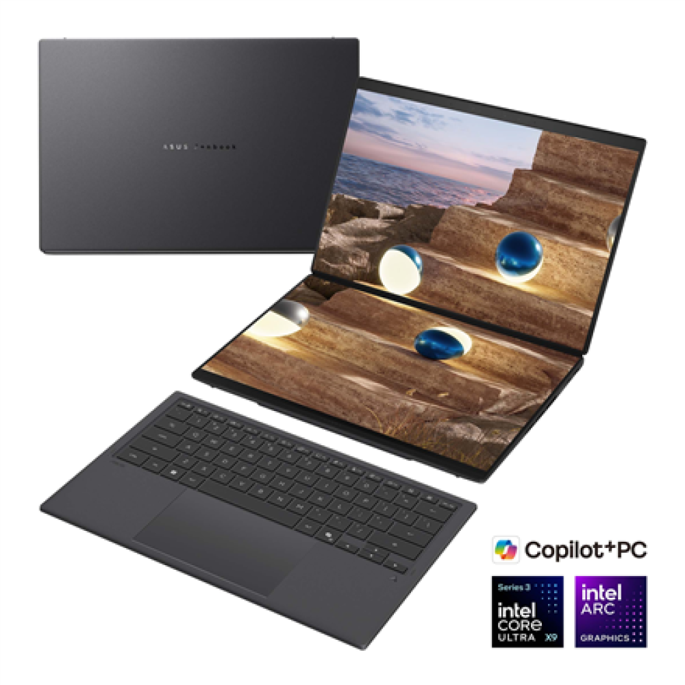 Asus , Zenbook Duo UX8407AA-SN066W , Moher Gray , 14 , OLED , Touchscreen , 3K , 2880 x 1800 pixels , 144 Hz , Glossy , Intel Core Ultra X9 , 388H , 32 GB , LPDDR5X , Solid-state drive capacity 2000 GB , Intel Arc Graphics , Windows 11 Home , 802.11be , B