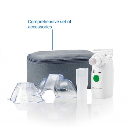 Medisana , Ultrasonic Inhalator, Mini , IN 525 , High efficiency through innovative micro-membrane nebulisation (mesh technology) with ultrafine droplets. Automatically switches off when the tank is empty. Particularly effective through high respirable pr