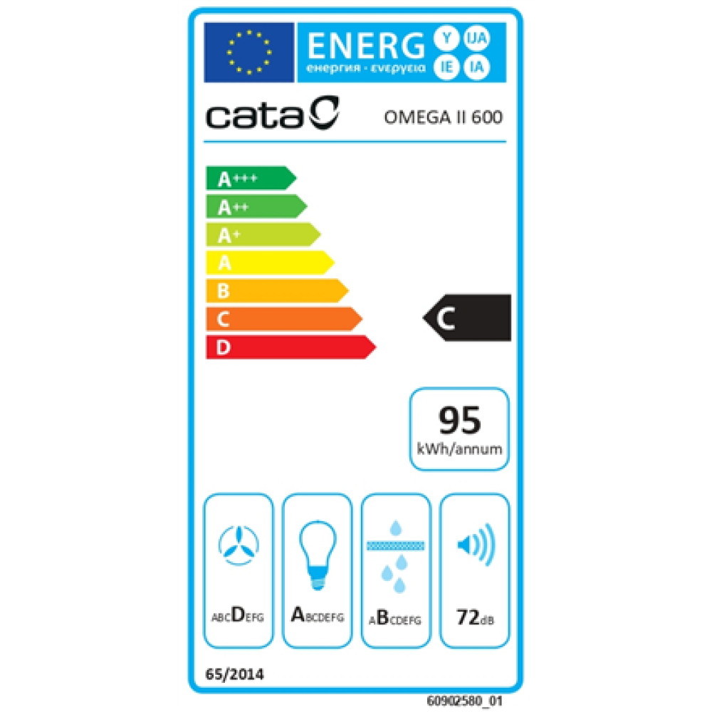 CATA , Hood , OMEGA 600 BK , Wall mounted , Energy efficiency class C , Width 60 cm , 645 m³/h , Mechanical , LED , Black