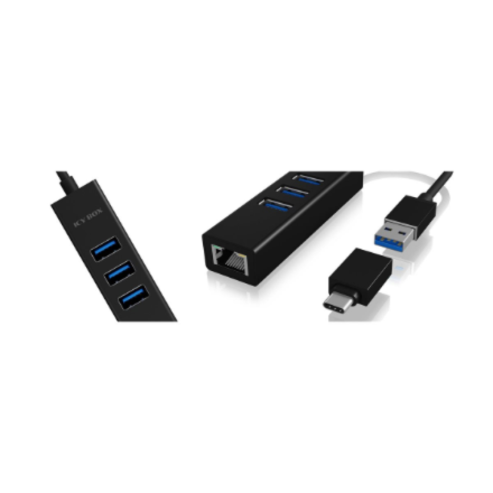 Raidsonic , 4 Port Hub with USB 3.0 Type-A, Type-C, Gigabit LAN , Icy Box IB-HUB1419-LAN