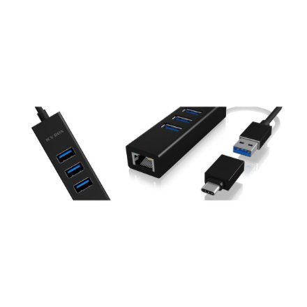 Raidsonic , 4 Port Hub with USB 3.0 Type-A, Type-C, Gigabit LAN , Icy Box IB-HUB1419-LAN