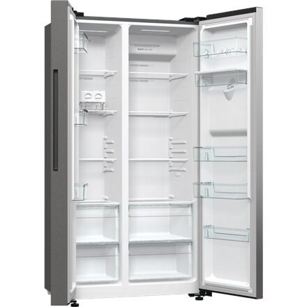 Gorenje Refrigerator , NRR9185EAXLWD , Energy efficiency class E , Free standing , Side by side , Height 178.6 cm , No Frost system , Fridge net capacity 355 L , Freezer net capacity 192 L , Display , 38 dB , Grey