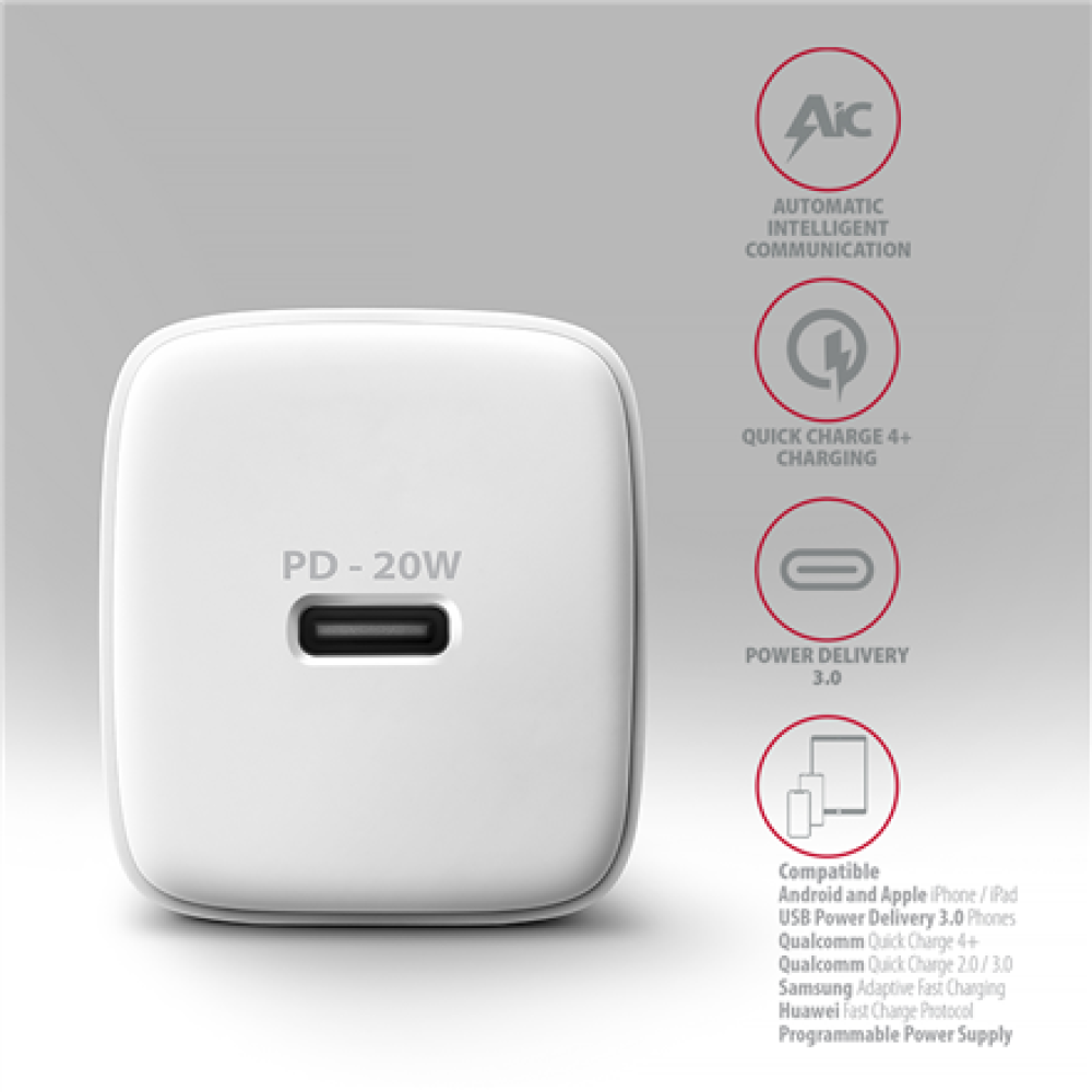 AXAGON Wallcharger 1x port USB-C, PD3.0 / PPS /QC4+/AFC/FCP/Apple, 20W , ACU-PD20W
