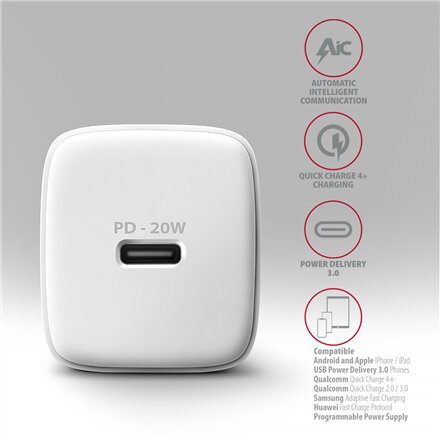 AXAGON Wallcharger 1x port USB-C, PD3.0 / PPS /QC4+/AFC/FCP/Apple, 20W , ACU-PD20W