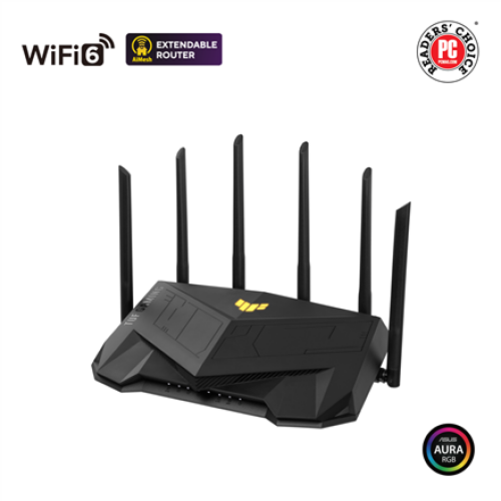 Dual Band WiFi6 Gigabit Router , TUF Gaming AX6000 , 802.11ax , 1148+4804 Mbit/s , 10/100/1000 Mbit/s , Ethernet LAN (RJ-45) ports 5 , Mesh Support Yes , MU-MiMO Yes , No mobile broadband , Antenna type External