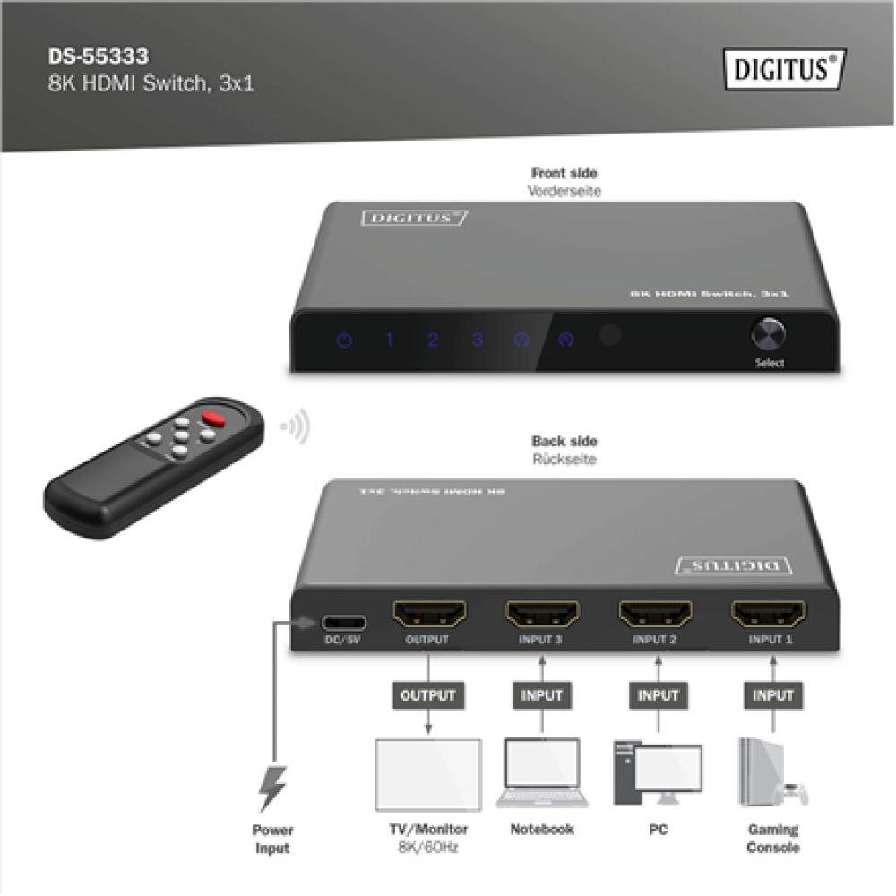 Digitus 8K HDMI Switch, 3x1 , DS-55333 , Black