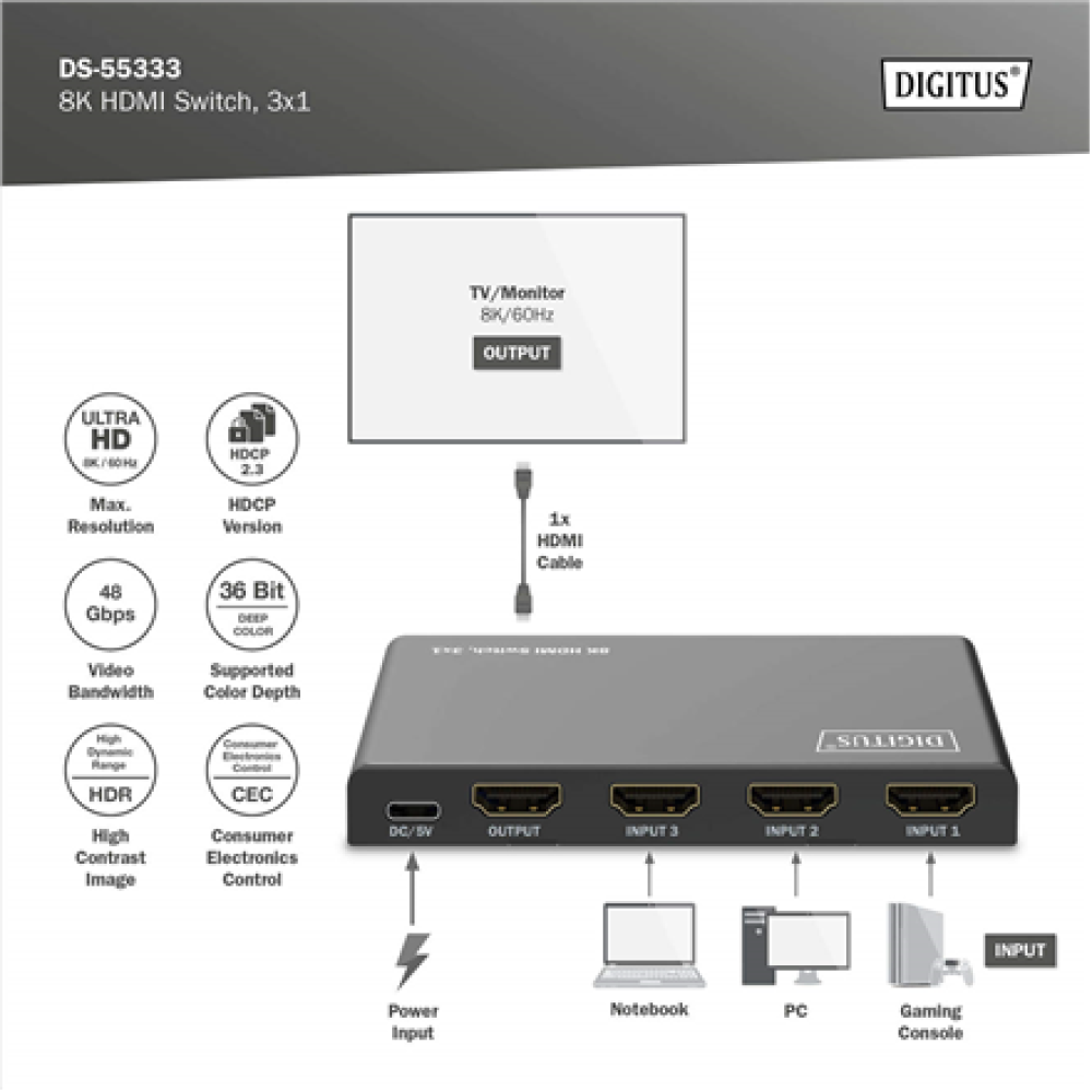 Digitus 8K HDMI Switch, 3x1 , DS-55333 , Black