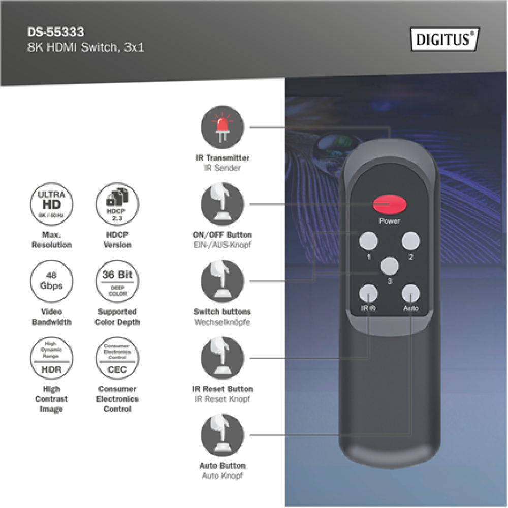 Digitus 8K HDMI Switch, 3x1 , DS-55333 , Black
