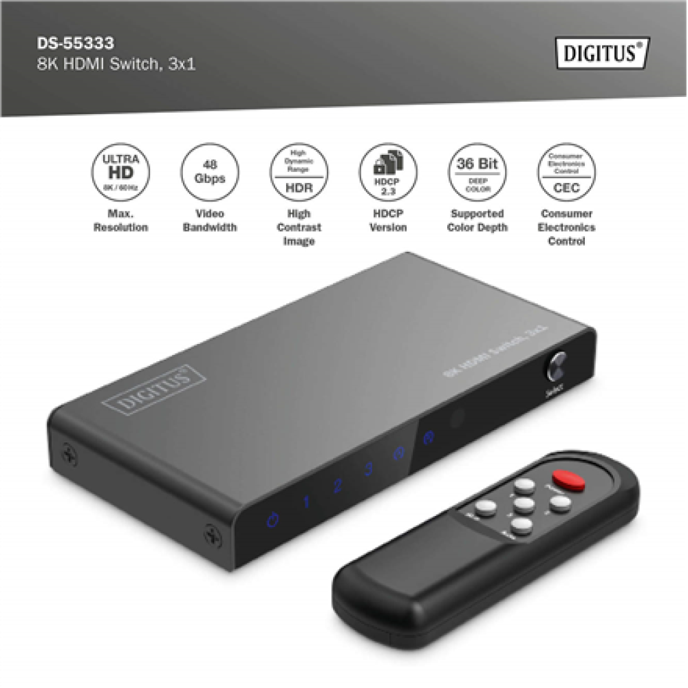 Digitus 8K HDMI Switch, 3x1 , DS-55333 , Black