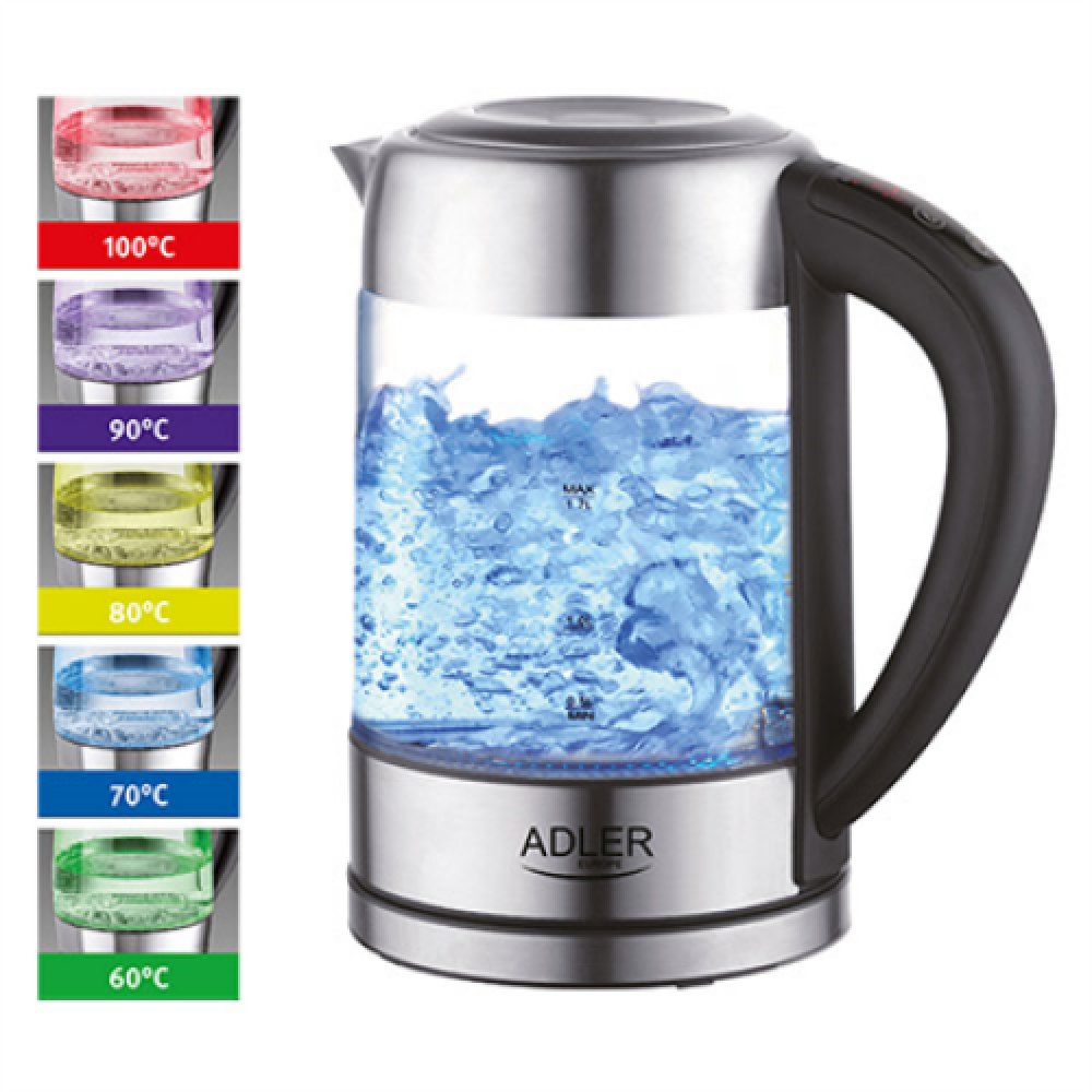 Adler , Kettle , AD 1247 NEW , With electronic control , 1850 - 2200 W , 1.7 L , Stainless steel, glass , 360° rotational base , Stainless steel/Transparent