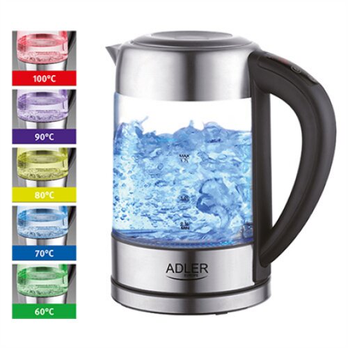 Adler , Kettle , AD 1247 , With electronic control , 1850 W , 1.7 L , Stainless steel/Glass , 360° rotational base , Stainless steel/Transparent