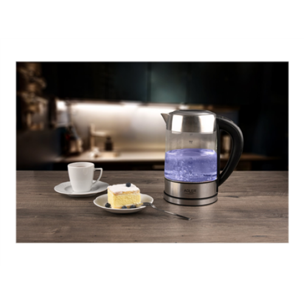 Adler , Kettle , AD 1247 NEW , With electronic control , 1850 - 2200 W , 1.7 L , Stainless steel, glass , 360° rotational base , Stainless steel/Transparent