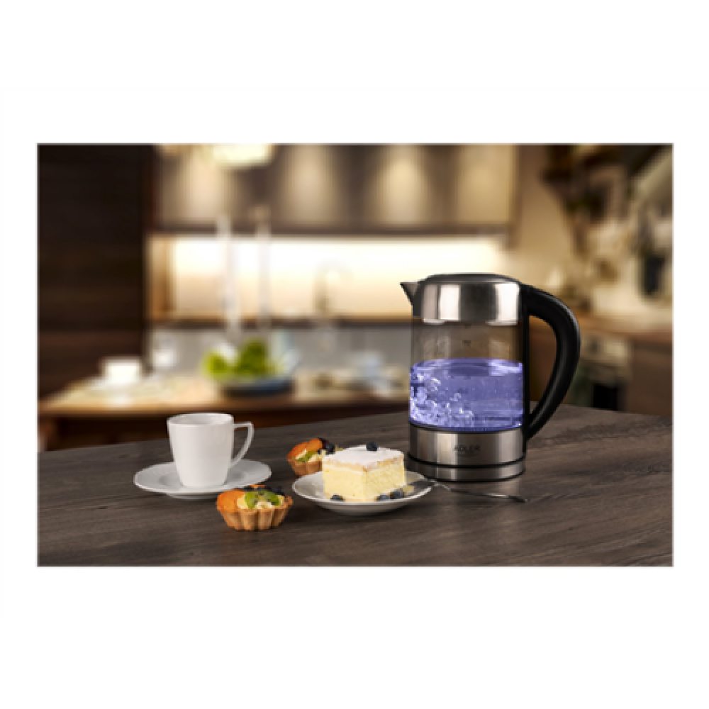 Adler , Kettle , AD 1247 NEW , With electronic control , 1850 - 2200 W , 1.7 L , Stainless steel, glass , 360° rotational base , Stainless steel/Transparent