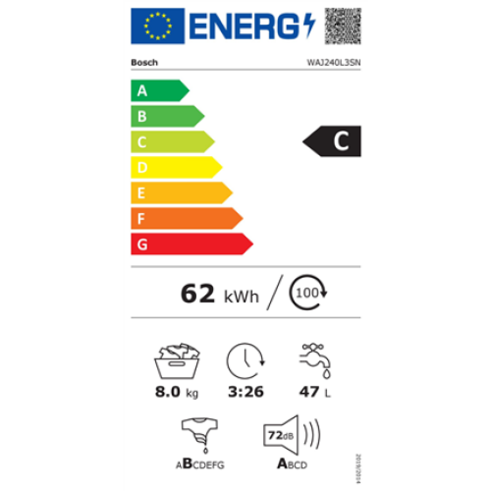 Bosch Washing Machine WAJ240L3SN Series 2 Energy efficiency class C, Front loading, Washing capacity 8 kg, 1200 RPM, Depth 54.6 cm, Width 59.8 cm, Display, LED, White