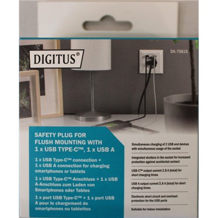 SALE OUT. DIGITUS Safety Plug for Flush Mounting with 1 x USB Type-C, 1 x USB A , Digitus , Safety Plug for Flush Mounting with 1 x USB Type-C, 1 x USB A , DEMO , Warranty 24 month(s)