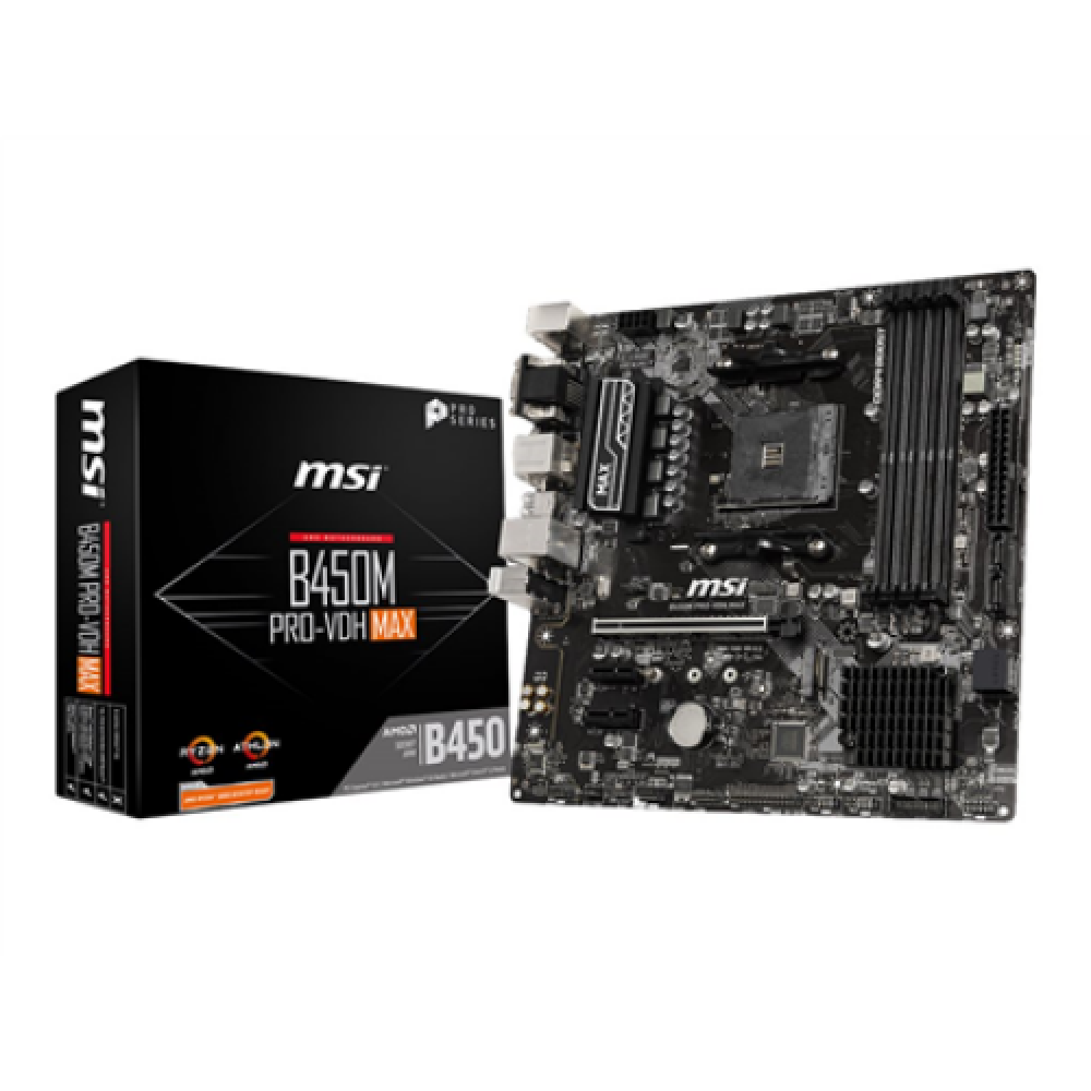 MSI B450M PRO-VDH MAX Processor family AMD, Processor socket AM4, DDR4 DIMM, Memory slots 4, Number of SATA connectors 4, Chipset AMD B, Micro ATX
