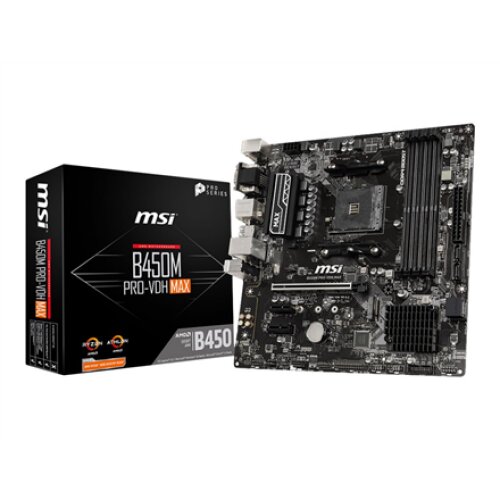 MSI B450M PRO-VDH MAX Processor family AMD Processor socket AM4 DDR4 DIMM Memory slots 4 Number of SATA connectors 4 Chipset AMD B Micro ATX