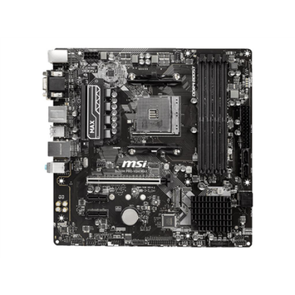 MSI B450M PRO-VDH MAX Processor family AMD, Processor socket AM4, DDR4 DIMM, Memory slots 4, Number of SATA connectors 4, Chipset AMD B, Micro ATX