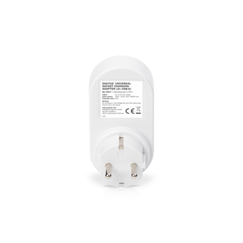 Digitus Universal USB Plug-in Charger with 2 x USB-A Sockets and Integrated Socket , DA-70617