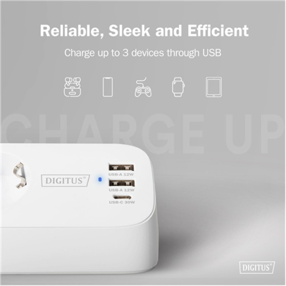 Digitus 3-way office socket strip with 2x USB-A and 1x USB-C connections , DA-70626