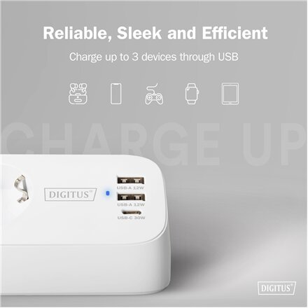 Digitus 3-way office socket strip with 2x USB-A and 1x USB-C connections , DA-70626