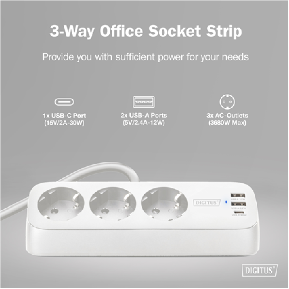 Digitus 3-way office socket strip with 2x USB-A and 1x USB-C connections , DA-70626