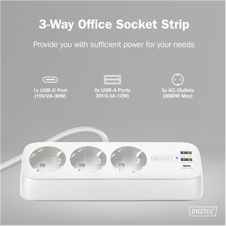 Digitus 3-way office socket strip with 2x USB-A and 1x USB-C connections , DA-70626