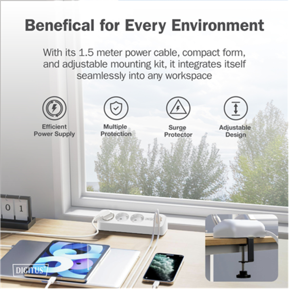 Digitus 3-way office socket strip with 2x USB-A and 1x USB-C connections , DA-70626