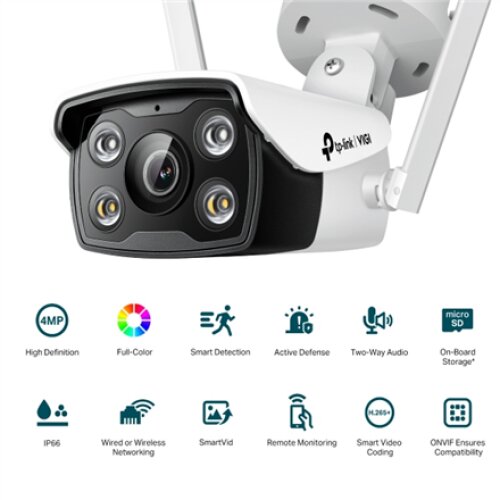 TP-LINK , VIGI 4MP Outdoor Full-Color Wi-Fi Network Camera , VIGI C340-W , Bullet , 4 MP , 4 mm , IP66 , H.265+/H.265/H.264+/H.264 , MicroSD