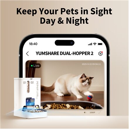 PETKIT YumShare Dual-hopper 2 Automatic Feeder with Camera , Capacity 5 L , Material ABS, 304 stainless steel , White
