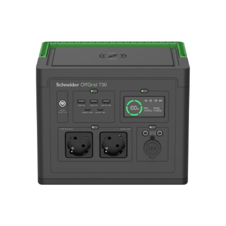 Schneider Electric OffGrid Portable Power Station 730, 738Wh Lithium-ion, LCD, 2 CEE 7/3 Schuko outlets, Sinewave, 3 USB-A, 2 USB-C, Wireless Charger , PPS730-GR